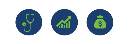 icon row - stethoscope, graph showing upward trend, money bag