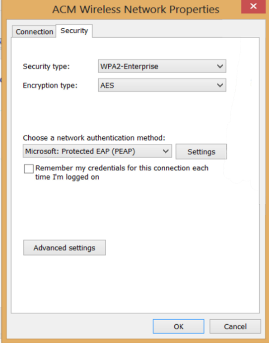 ACM wireless network properties window